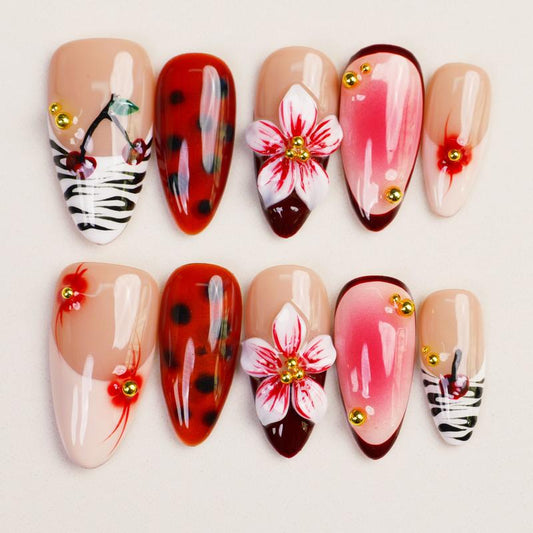  Lovful High Quality Handmade Acrylic Flower Fruit Medium Almond Light Pink Red Press-On Nails 27Mm with Glue