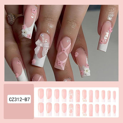 White French Tip Press on Nails Long Pink Fake Nails with Flower Pearl Stick on Nails Designs Bow False Nails Glossy Cute Press on Nails Glue on Nails for Women Girls Acrylic Nails Decor-24 CT