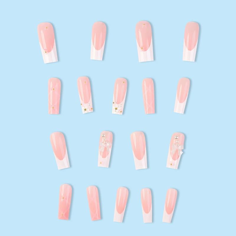 White French Tip Press on Nails Long Pink Fake Nails with Flower Pearl Stick on Nails Designs Bow False Nails Glossy Cute Press on Nails Glue on Nails for Women Girls Acrylic Nails Decor-24 CT