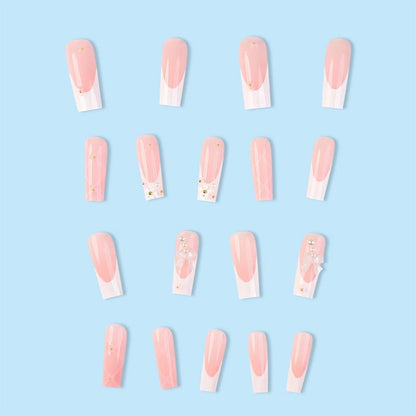 White French Tip Press on Nails Long Pink Fake Nails with Flower Pearl Stick on Nails Designs Bow False Nails Glossy Cute Press on Nails Glue on Nails for Women Girls Acrylic Nails Decor-24 CT