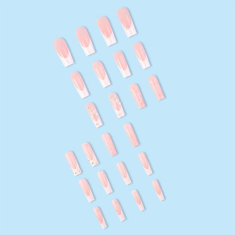 White French Tip Press on Nails Long Pink Fake Nails with Flower Pearl Stick on Nails Designs Bow False Nails Glossy Cute Press on Nails Glue on Nails for Women Girls Acrylic Nails Decor-24 CT