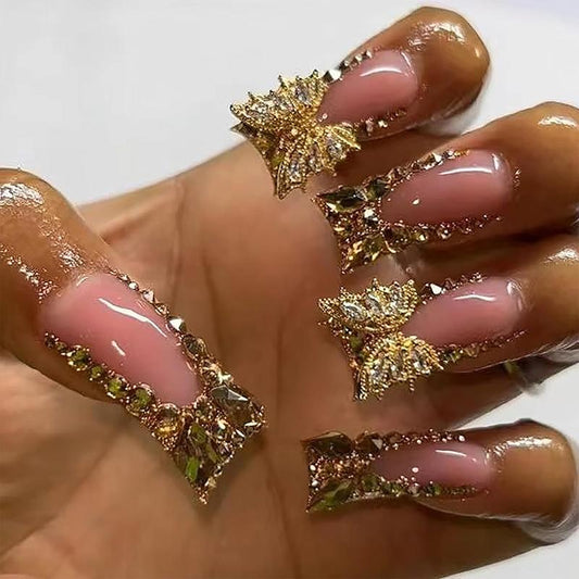 Gold French Tip Press on Nails Medium Duck Fake Nails with Rhinestones Design Luxury 3D Gold Butterfly Charms False Nails Glossy Acrylic Artificial Nails Reusable Stick on Nails for Women 24Pcs 