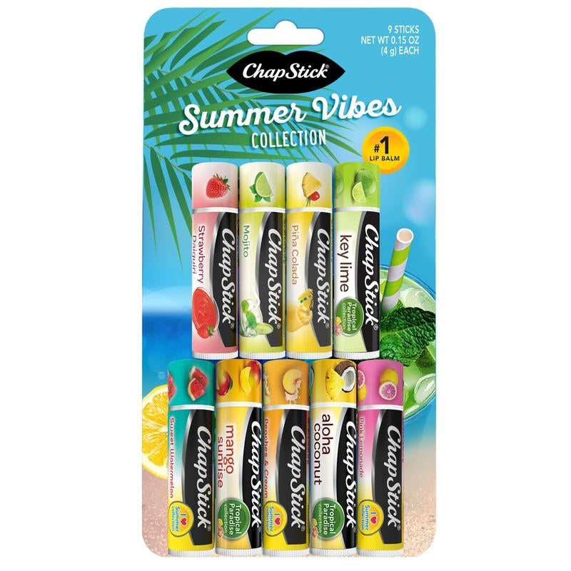 Chapstick Summer Vibes 9-Pack – Tropical Paradise, Mocktail, and I Love Summer Lip Balm Collections, Stocking Stuffers, 0.15 Ea