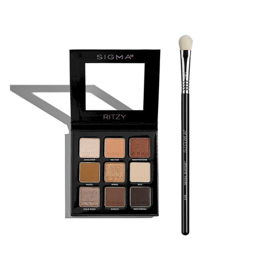 Sigma Beauty Ritzy Eyeshadow Palette + E28 Detailed Buffer Brush | 9 Shades for Natural to Dramatic Eye Looks | Highly Pigmented, Blendable Formula