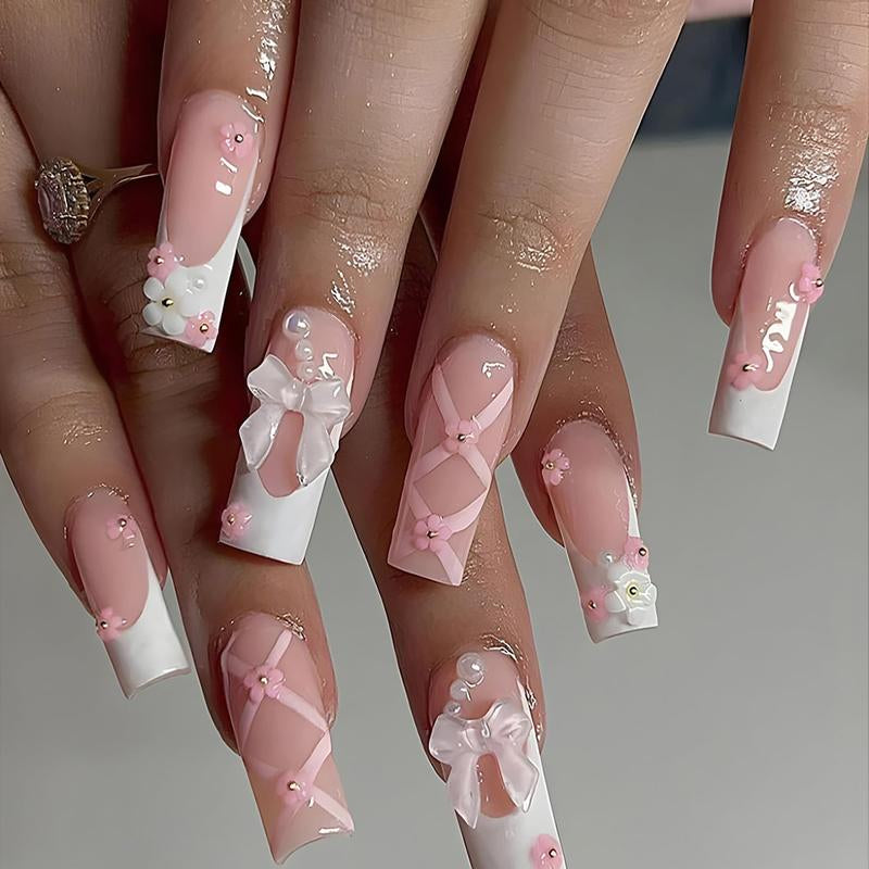 White French Tip Press on Nails Long Pink Fake Nails with Flower Pearl Stick on Nails Designs Bow False Nails Glossy Cute Press on Nails Glue on Nails for Women Girls Acrylic Nails Decor-24 CT