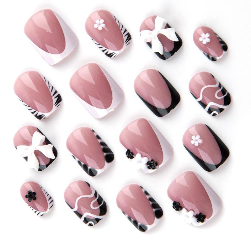 Bow & Flower Decor Fake Nails, 1 Set French Style Press on Nails for Women & Girls